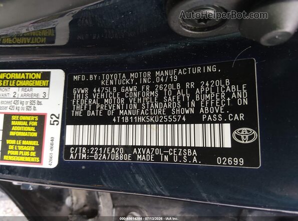 4T1B11HK5KU255574 2019 TOYOTA CAMRY Blue Вид підкапотного простору