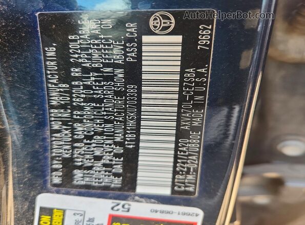 4T1B11HK5KU703389 2019 TOYOTA CAMRY Blue ძრავის განყოფილების ხედი