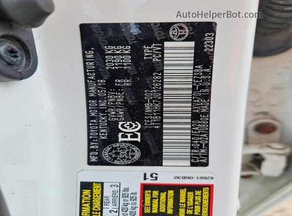 4T1B11HK7JU126282 2018 TOYOTA CAMRY White Widok naklejki z numerem VIN