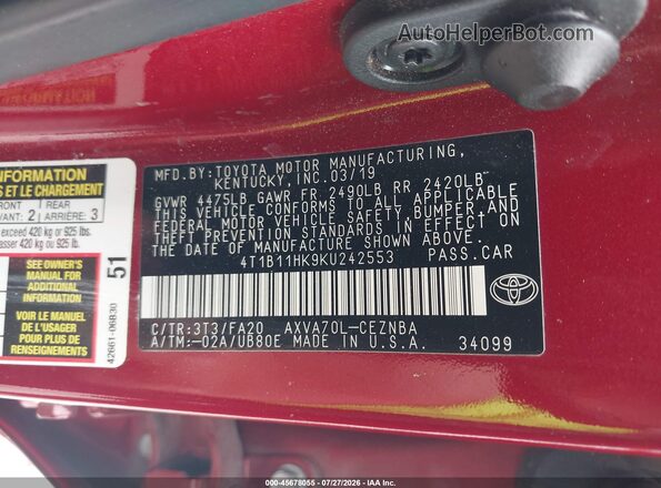 4T1B11HK9KU242553 2019 TOYOTA CAMRY Red Widok komory silnika