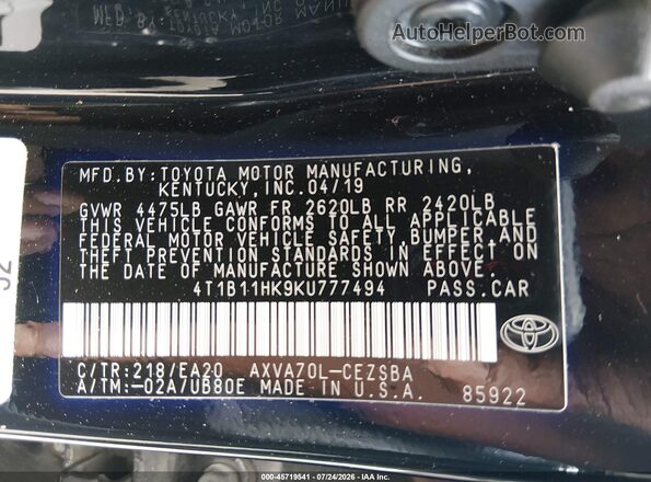 4T1B11HK9KU777494 2019 TOYOTA CAMRY Black Widok komory silnika