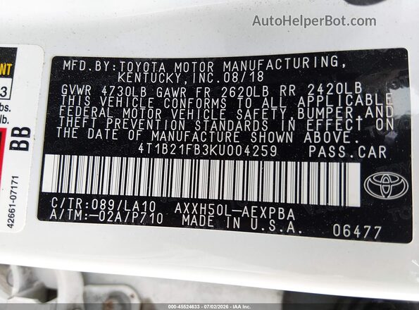 4T1B21FB3KU004259 2019 TOYOTA AVALON HYBRID White ძრავის განყოფილების ხედი
