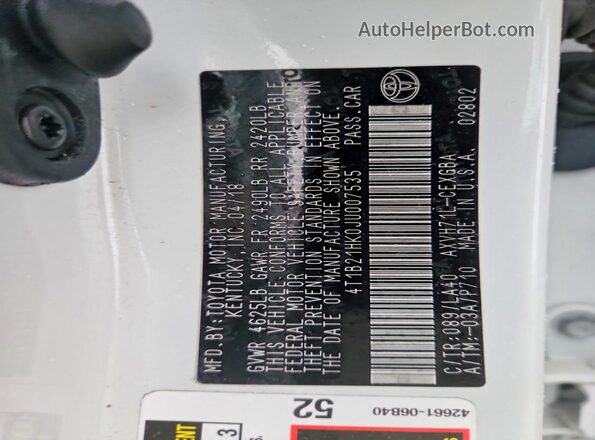 4T1B21HK0JU007535 2018 TOYOTA CAMRY White Widok komory silnika