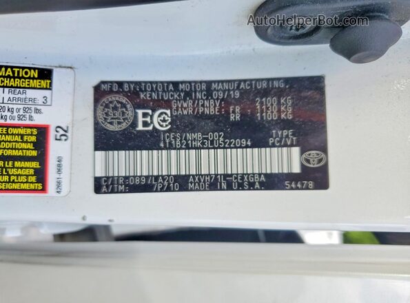 4T1B21HK3LU522094 2020 TOYOTA CAMRY White ძრავის განყოფილების ხედი
