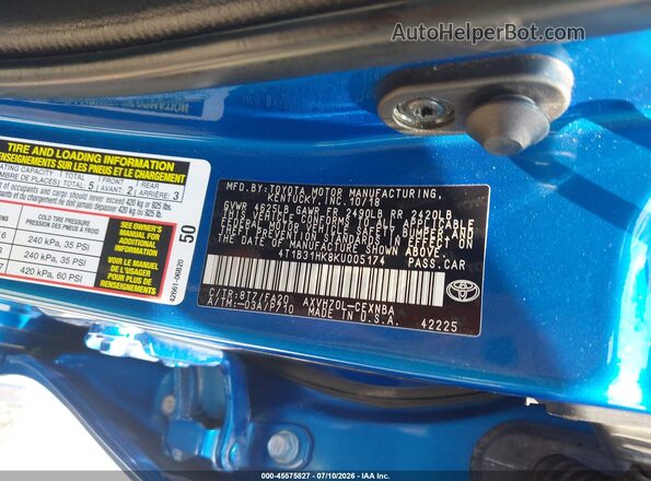 4T1B31HK8KU005174 2019 TOYOTA CAMRY HYBRID Blue ძრავის განყოფილების ხედი
