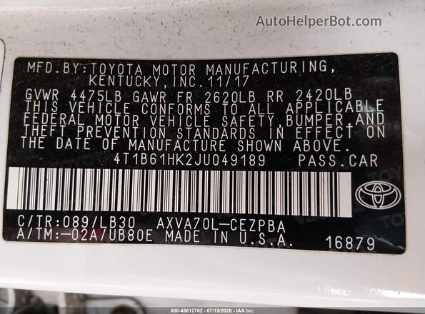 4T1B61HK2JU049189 2018 TOYOTA CAMRY White Widok komory silnika