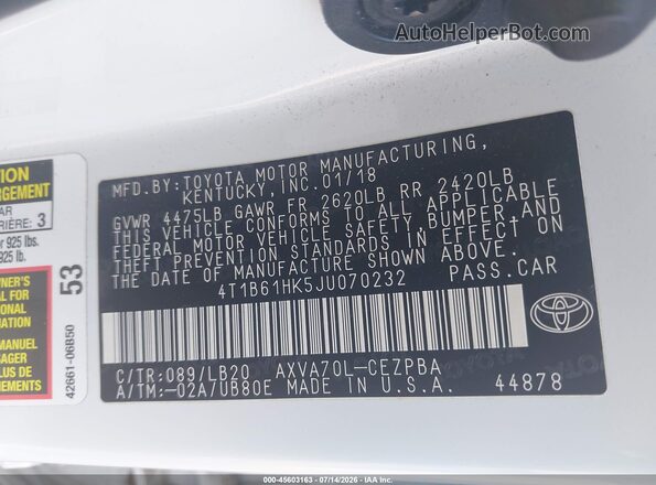 4T1B61HK5JU070232 2018 TOYOTA CAMRY White ძრავის განყოფილების ხედი