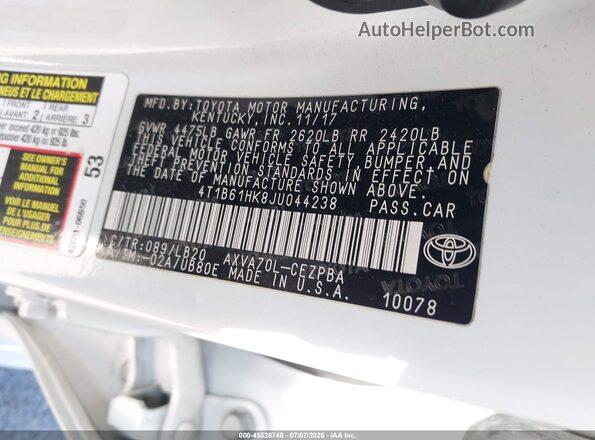 4T1B61HK8JU044238 2018 TOYOTA CAMRY White Engine compartment view