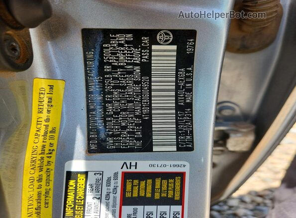 4T1BD1EB0GU049520 2016 TOYOTA AVALON Silver VIN sticker view