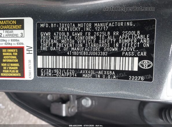 4T1BD1EB0JU063392 2018 TOYOTA AVALON HYBRID Gray Շարժիչի բաժամունքի տեսք