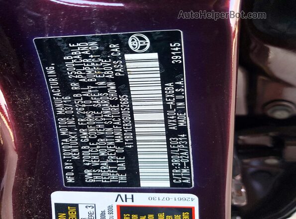 4T1BD1EB3GU052685 2016 TOYOTA AVALON Purple Engine compartment view