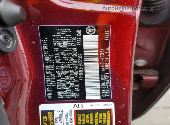 4T1BD1EB4GU051366 2016 TOYOTA AVALON Maroon Engine compartment view