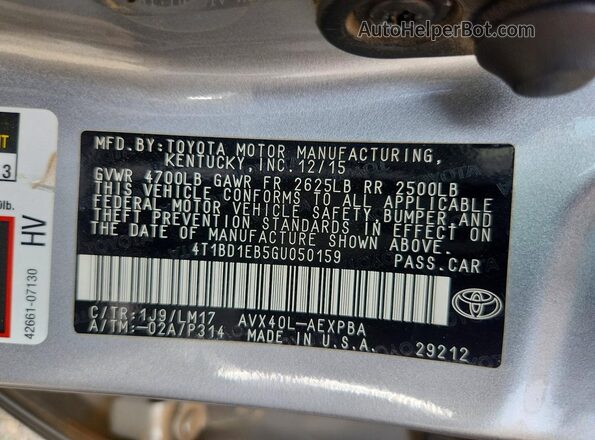 4T1BD1EB5GU050159 2016 TOYOTA AVALON Silver ძრავის განყოფილების ხედი