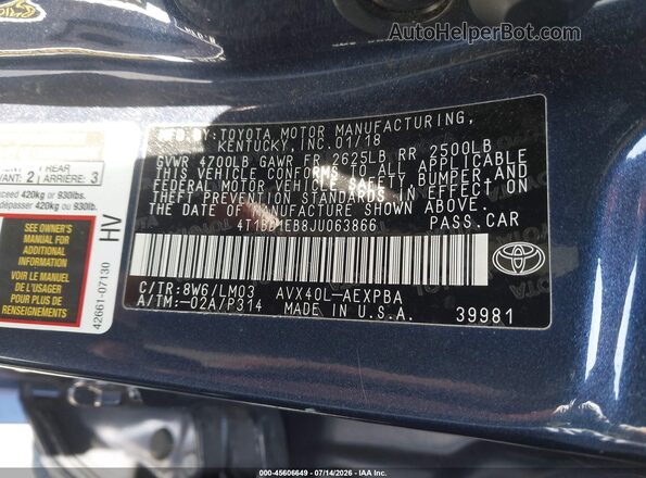 4T1BD1EB8JU063866 2018 TOYOTA AVALON HYBRID Blue Вид підкапотного простору