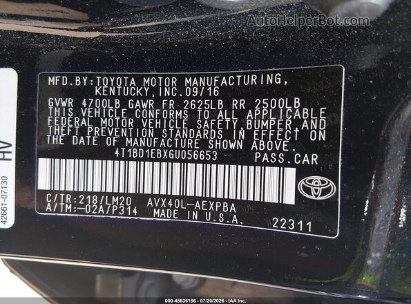 4T1BD1EBXGU056653 2016 TOYOTA AVALON HYBRID Black Շարժիչի բաժամունքի տեսք