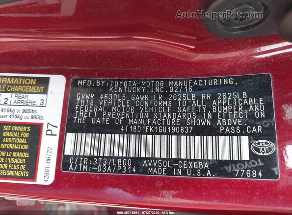 4T1BD1FK1GU190837 2016 TOYOTA CAMRY HYBRID Red Vista del compartimento del motor