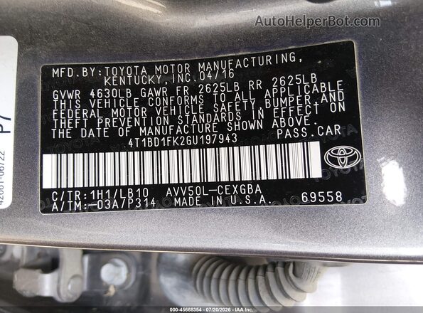 4T1BD1FK2GU197943 2016 TOYOTA CAMRY HYBRID Gray Вид підкапотного простору