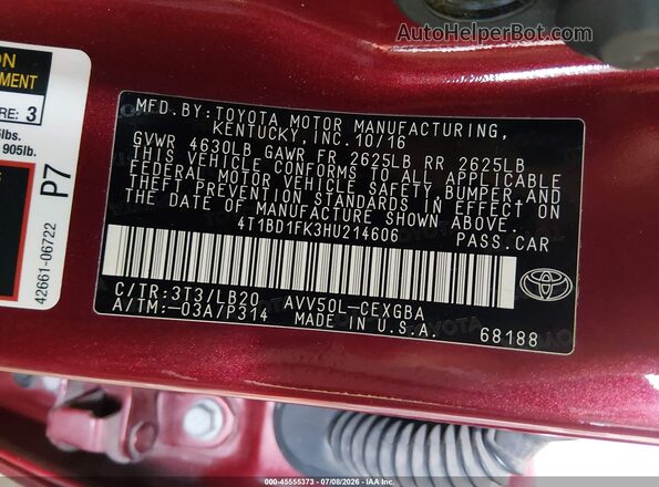 4T1BD1FK3HU214606 2017 TOYOTA CAMRY HYBRID Burgundy ძრავის განყოფილების ხედი
