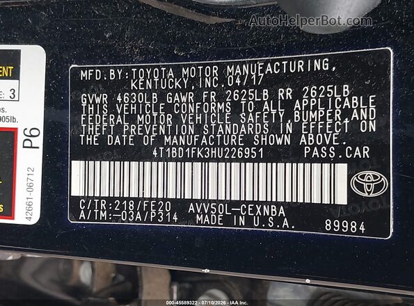 4T1BD1FK3HU226951 2017 TOYOTA CAMRY HYBRID Черный Вид подкапотного пространства