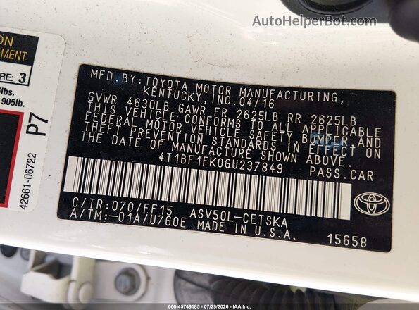 4T1BF1FK0GU237849 2016 TOYOTA CAMRY Белый Вид подкапотного пространства