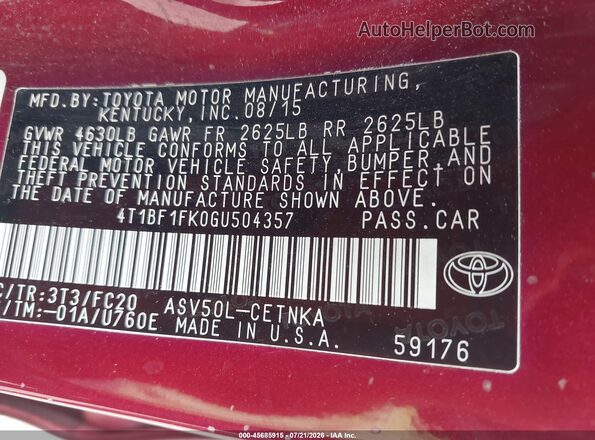 4T1BF1FK0GU504357 2016 TOYOTA CAMRY Red Вид підкапотного простору