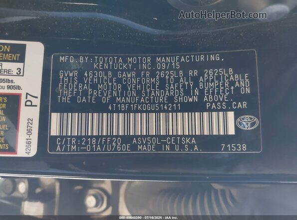 4T1BF1FK0GU514211 2016 TOYOTA CAMRY Black Engine compartment view