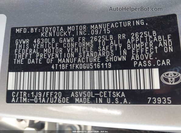 4T1BF1FK0GU516119 2016 TOYOTA CAMRY Silver Вид підкапотного простору