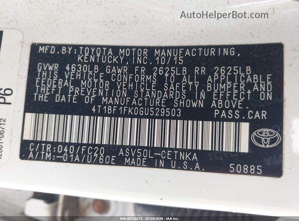 4T1BF1FK0GU529503 2016 TOYOTA CAMRY White Widok komory silnika