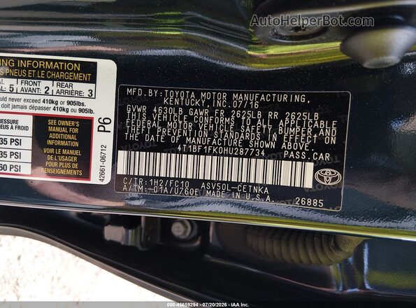 4T1BF1FK0HU287734 2017 TOYOTA CAMRY Black Vista del compartimento del motor