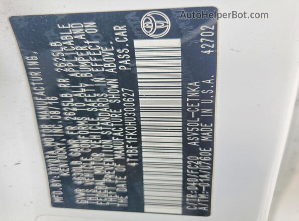 4T1BF1FK0HU300627 2017 TOYOTA CAMRY White Շարժիչի բաժամունքի տեսք