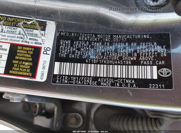 4T1BF1FK0HU445196 2017 TOYOTA CAMRY Серый Вид подкапотного пространства