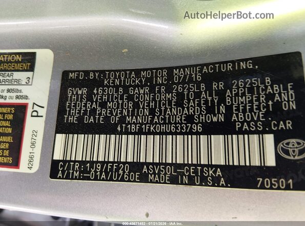 4T1BF1FK0HU633796 2017 TOYOTA CAMRY Silver Շարժիչի բաժամունքի տեսք
