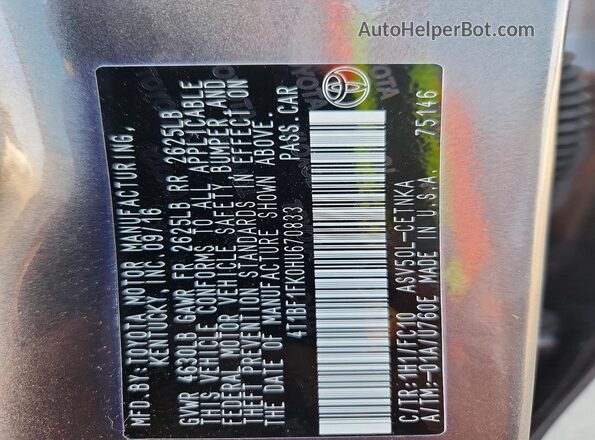 4T1BF1FK0HU670833 2017 TOYOTA CAMRY Gray Vista del compartimento del motor