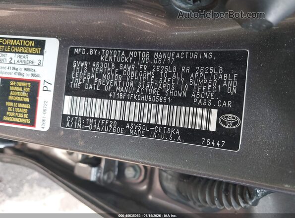 4T1BF1FK0HU805891 2017 TOYOTA CAMRY Gray Vista del compartimento del motor
