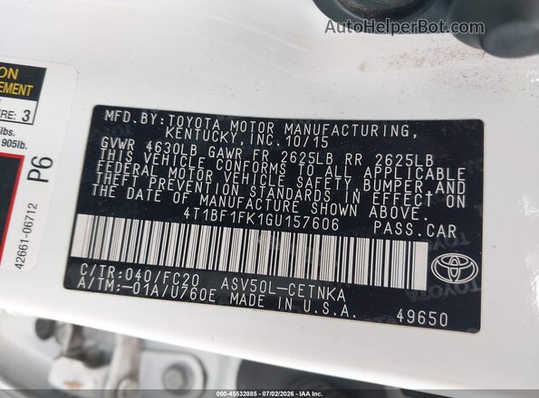 4T1BF1FK1GU157606 2016 TOYOTA CAMRY White ძრავის განყოფილების ხედი