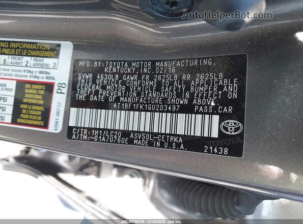 4T1BF1FK1GU203497 2016 TOYOTA CAMRY Gray Widok komory silnika