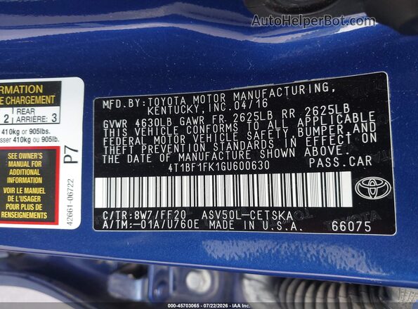 4T1BF1FK1GU600630 2016 TOYOTA CAMRY Blue Engine compartment view