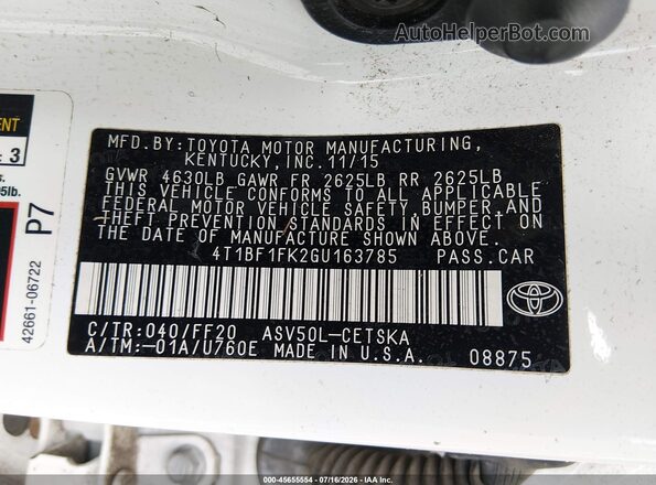 4T1BF1FK2GU163785 2016 TOYOTA CAMRY White Вид підкапотного простору