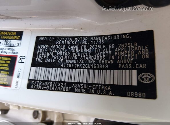 4T1BF1FK2GU163849 2016 TOYOTA CAMRY White Vista del compartimento del motor