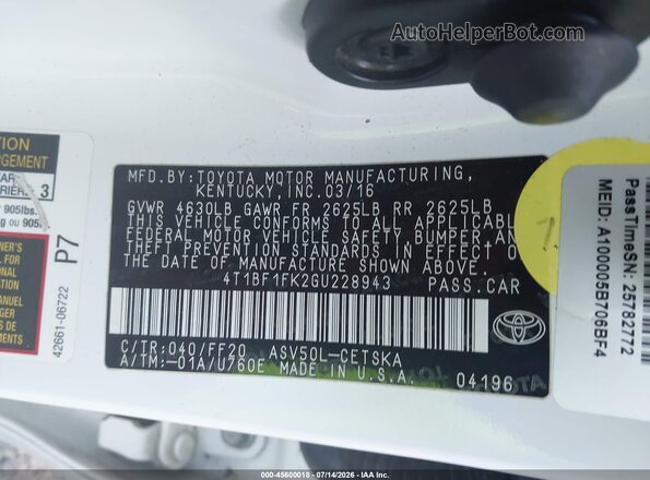4T1BF1FK2GU228943 2016 TOYOTA CAMRY White ძრავის განყოფილების ხედი