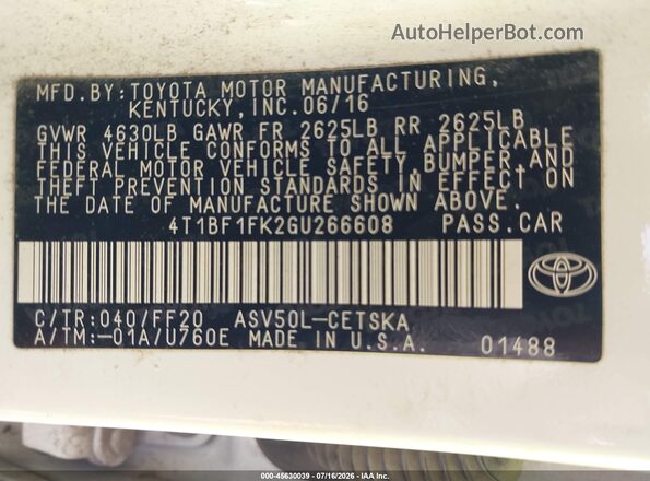 4T1BF1FK2GU266608 2016 TOYOTA CAMRY White Շարժիչի բաժամունքի տեսք
