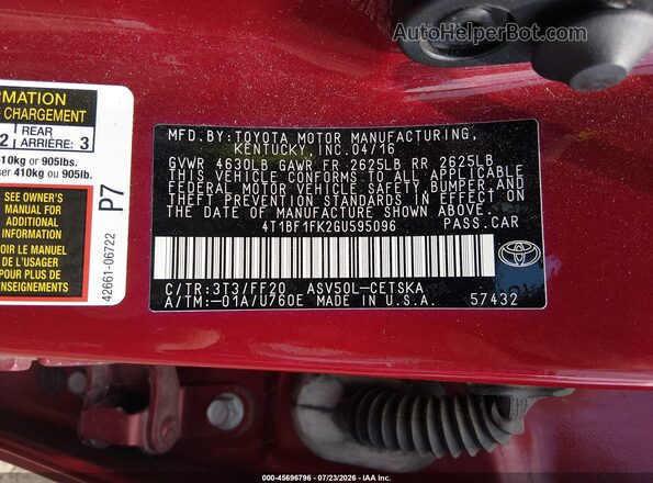 4T1BF1FK2GU595096 2016 TOYOTA CAMRY Red Շարժիչի բաժամունքի տեսք