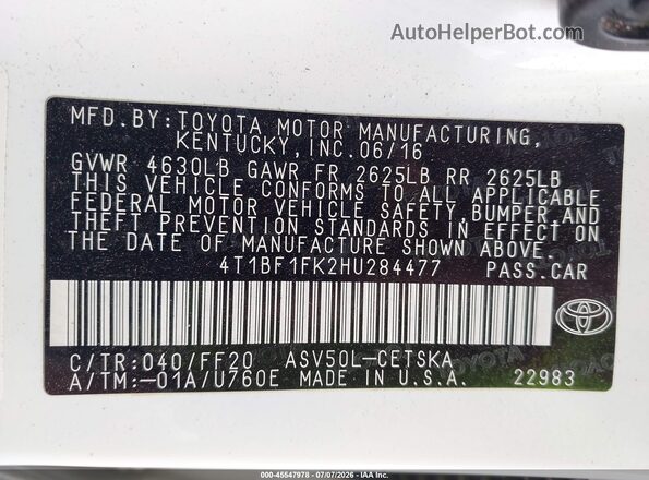 4T1BF1FK2HU284477 2017 TOYOTA CAMRY White Вид підкапотного простору