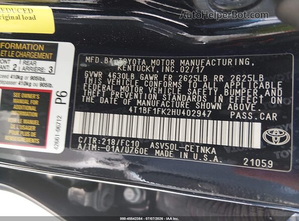 4T1BF1FK2HU402947 2017 TOYOTA CAMRY Black Vista del compartimento del motor