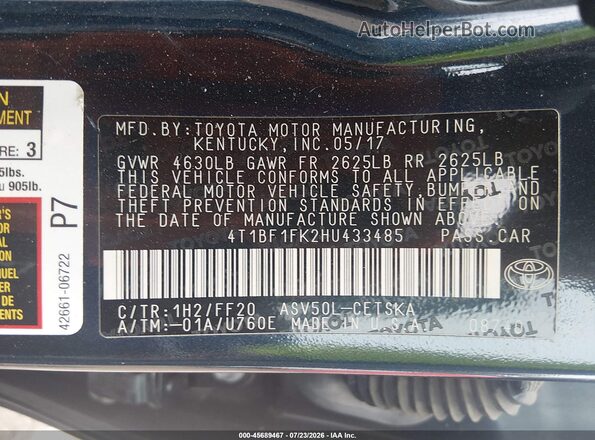 4T1BF1FK2HU433485 2017 TOYOTA CAMRY Black Շարժիչի բաժամունքի տեսք