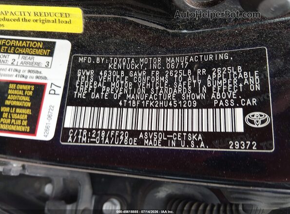 4T1BF1FK2HU451209 2017 TOYOTA CAMRY Black Vista del compartimento del motor