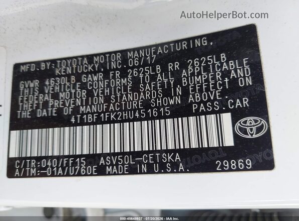 4T1BF1FK2HU451615 2017 TOYOTA CAMRY White Engine compartment view
