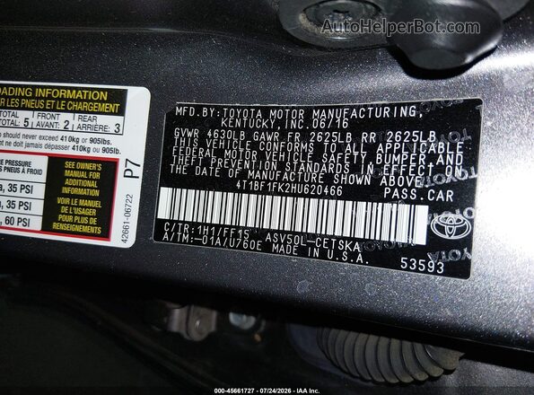 4T1BF1FK2HU620466 2017 TOYOTA CAMRY Gray Vista del compartimento del motor