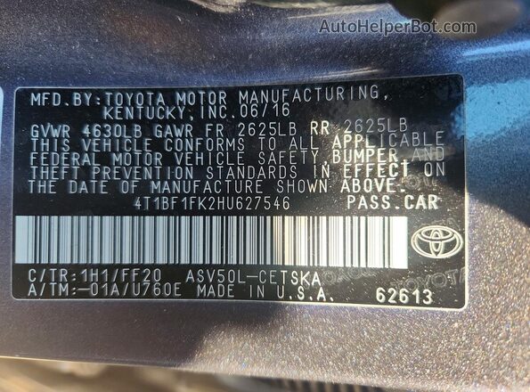 4T1BF1FK2HU627546 2017 TOYOTA CAMRY Gray Շարժիչի բաժամունքի տեսք