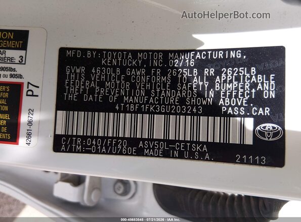 4T1BF1FK3GU203243 2016 TOYOTA CAMRY White Engine compartment view